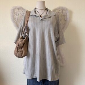 Indie Grunge Sage Green Striped Collared Polo Shirt Short Sleeve Oversized Dad